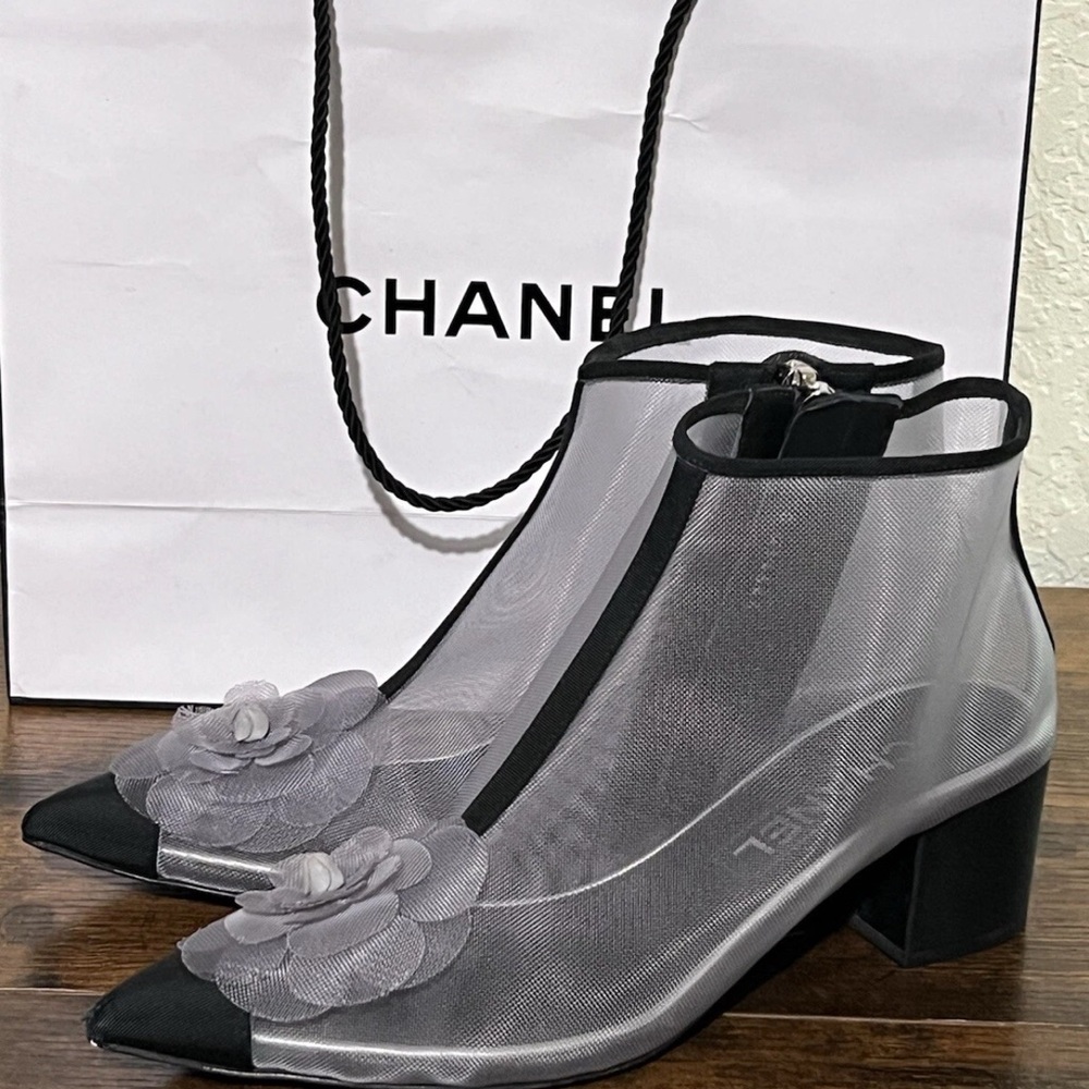 Chanel Mesh and Grosgrain Flower Cap Toe Short Booties Size 37 1/2 GG34544